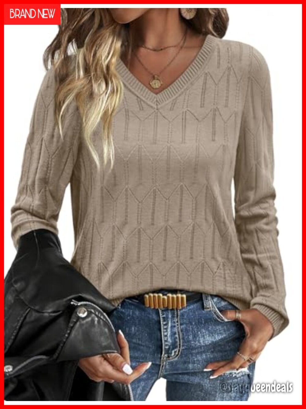 Women's V-Neck Soft Knit Pullover Long Sleeve Sweater Trendy Fall Top